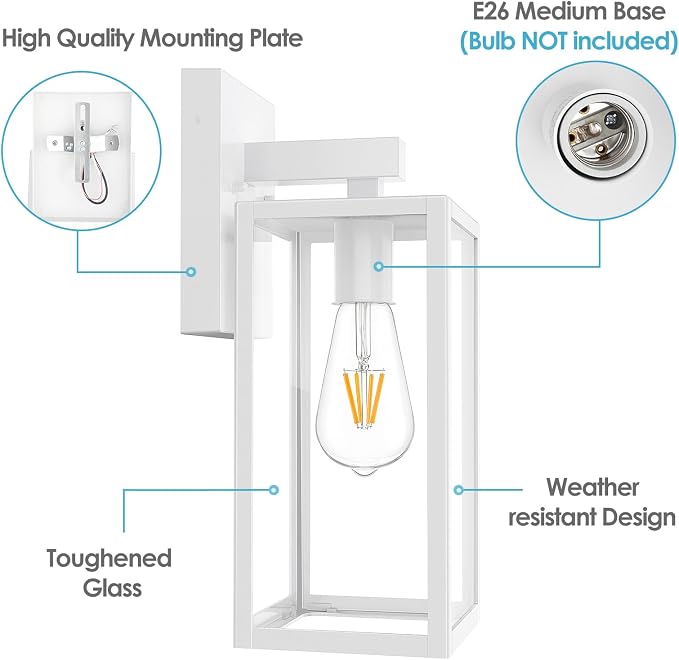 MAXvolador Outdoor Wall Lantern, Exterior Waterproof Wall Sconce Light Fixture, White Anti-Rust MountLights Clear Glass, E26 Porch Patio Lighting | Porch Wall Sconce White, Anti-Rust, E26 Socket, Clear Glass, Outside Wall Mount Light, Front Door Lighti...