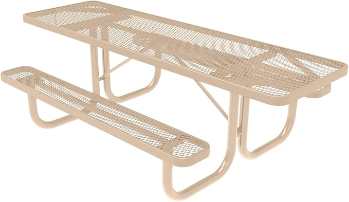 COATEDOUTDOORFURNITURE Heavy-Duty Portable ADA-Compliant Outdoor Picnic Table, Expanded Metal Patio Furniture Made in America (8ft Rectangular, Both-Side Handicap, Tan with Tan Frames)