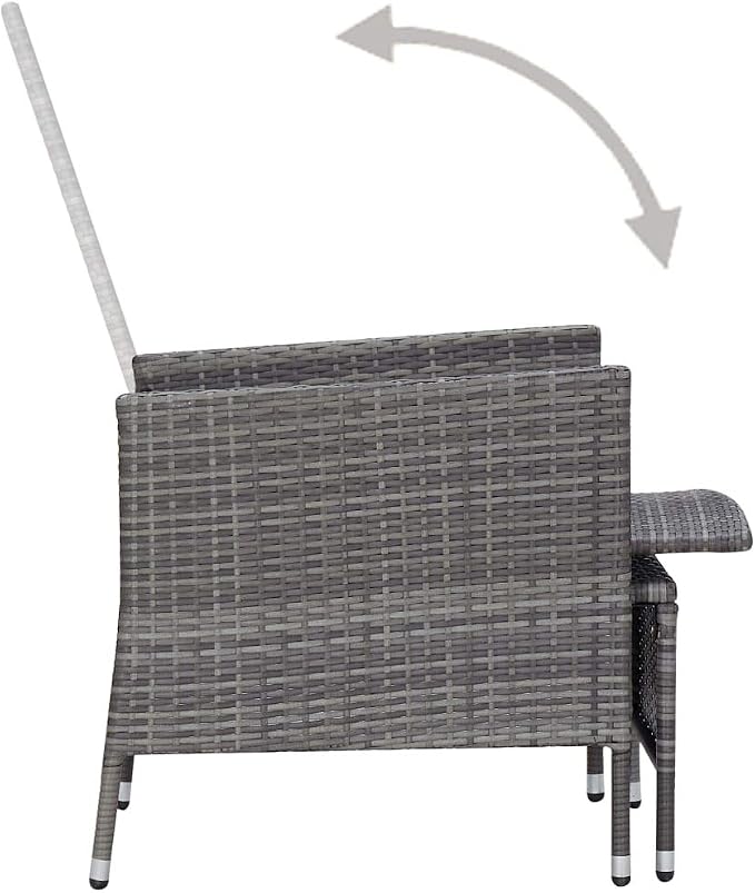 3-Piece Garden Lounge Set, Grey PE Rattan Outdoor Patio Furniture with Foldable Backrests and Cushions, 2-Person Seating Conversation Set for Balcony, Terrace and Backyard