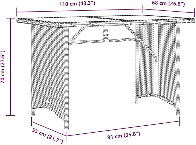 Black Poly Rattan Garden Table with Tempered Glass Outdoor Table and Powder-Coated Steel Garden Frame for Patio Dining