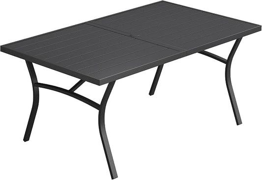 VICLLAX 63" Patio Dining Table for 6, Outdoor Rectangular Metal Table with Umbrella Hole for Porch Backyard Garden Deck, Black