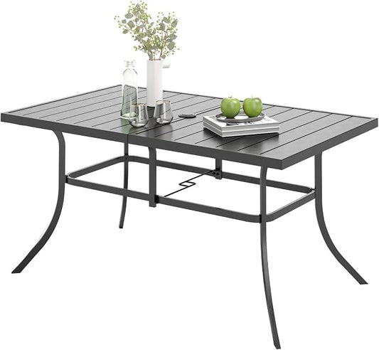 MIXPATIO Outdoor Patio Dining Table for 6, 60" x 35" Rectangular Metal Patio Dining Table with Umbrella Hole for Garden, All Weather Wrought Iron Black Outdoor Table for Backyard and Porch