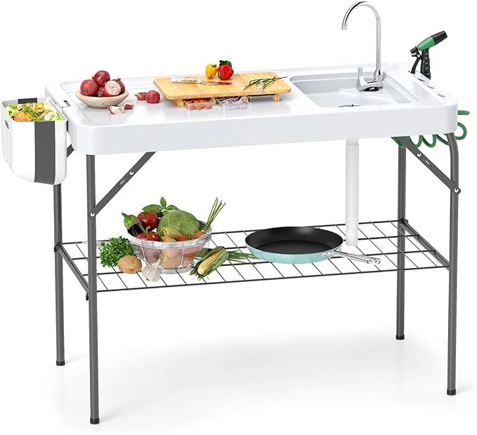 Folding Fish Cleaning Table, Fishing Fillet Station w/360° Rotatable Faucet & Sink & Spray Nozzle & Drain Pipe, Outdoor Sink Table, Portable Fish Filleting Table for Camping, Picnic