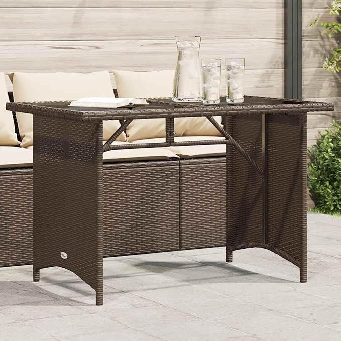 Brown Poly Rattan Patio Table with Tempered Glass Top, 43.3x26.8x27.6 Inch Rectangular Outdoor Table for Garden
