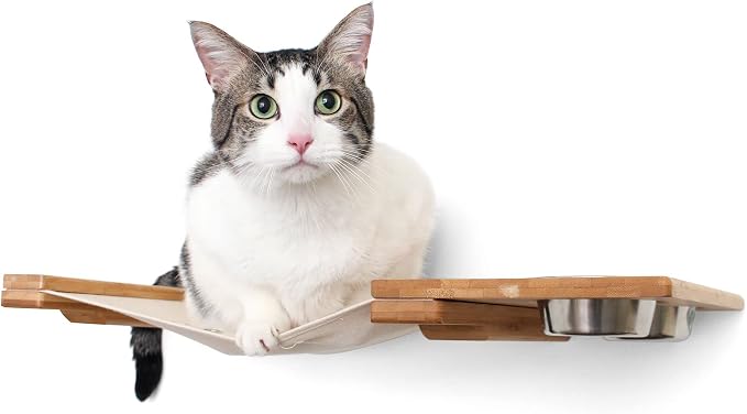 Catastrophic Creations Cat Feeder Lounge w/Cat Hammock — Natural Bamboo Cat Wall Furniture — Wall Mounted Cat Feeder — Highly Customizable, Cat Tested & Approved (25 Inch)