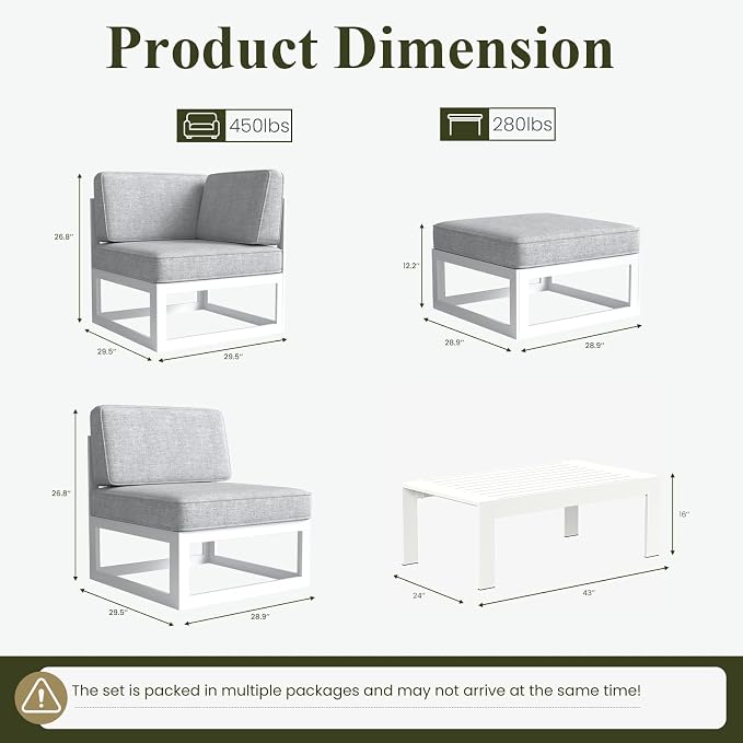 LayinSun 10 Pieces Modern Aluminum Patio Furniture Set with Coffee Table, Outdoor Modular Sectional Conversation Set L-Shaped Sofa for Backyard