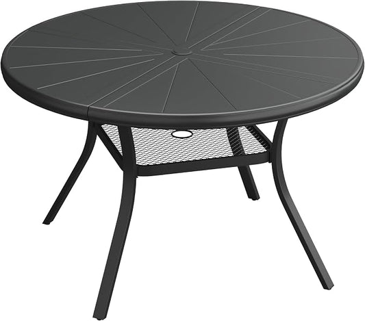 VICLLAX Round Patio Dining Table, 4 Person Aluminum Outdoor Dining Table with Umbrella Hole and Storage Shelf for Garden Lawn Deck, 40.6" Black
