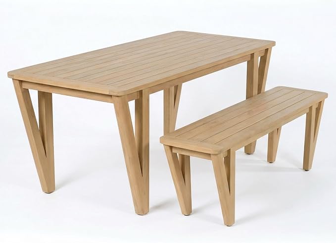 Christopher Knight Home Cove 2 Piece Acacia Wood Dining Table Set for 2, Outdoor Dining Table with Bench Set, Farmhouse Patio Furniture Set with Slatted Design & V-Shaped Legs, Light Teak