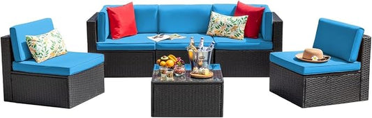 6-Piece Outdoor Patio Furniture Set with Manual Weaving Rattan Sectional Sofa, Glass Coffee Table, Cushions Included, Wicker Patio Conversation Set for Garden, Backyard, Porch Lounge Areas(Blue)