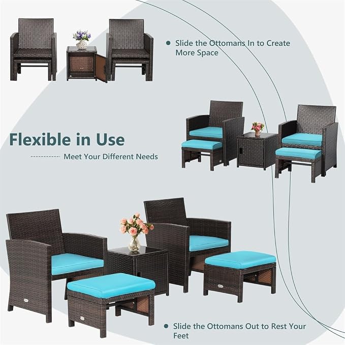 55PCS Patio Rattan Furniture Set Ottoman Cushion W/Cover Space Saving Turquoise