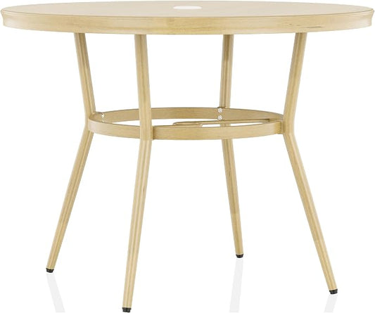24/7 Shop at Home Cato Modern Aluminum 40 in. Outdoor Round Bistro Table with Umbrella Hole for Outdoor Kitchen, Patio, Pool Area, Natural Brown