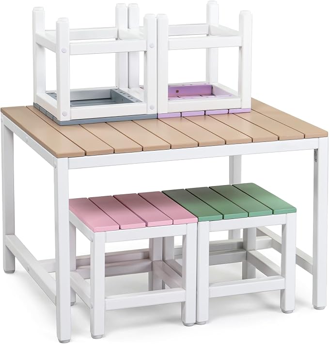 5-Piece Outdoor Dining Set, Poplar Wood Patio Table and 4 Stools, Multicolor Design, Weather Resistant, 29.5 Inch Height, Compact Storage