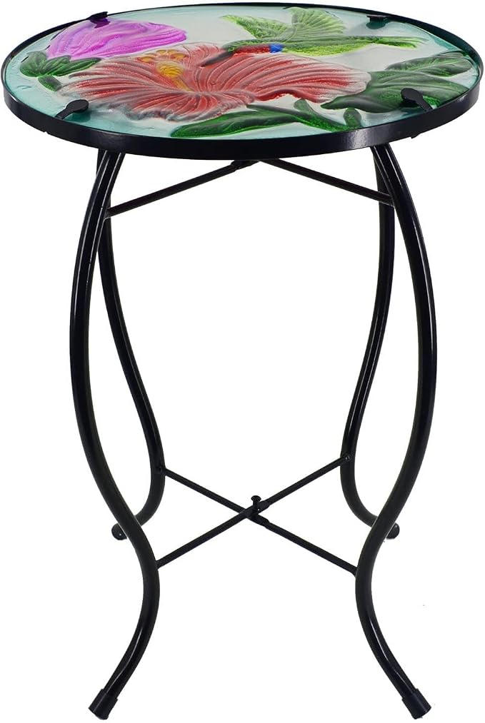 12 Inch Round Hummingbird Glass Side Table, Patio Small Table, Outdoor Side Table, Outdoor Bar Table, Metal Glass End Table for Porch Garden Patio Pool Living Room