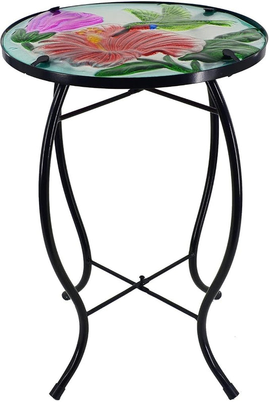 12 Inch Round Hummingbird Glass Side Table, Patio Small Table, Outdoor Side Table, Outdoor Bar Table, Metal Glass End Table for Porch Garden Patio Pool Living Room