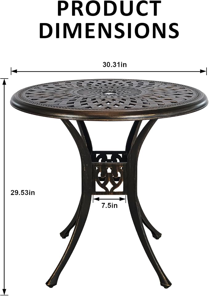 30.31" Cast Aluminum Outdoor Dining Table, Patio Bistro Table with 2.36" Umbrella Hole, Metal Conversation Furniture for Garden Porch