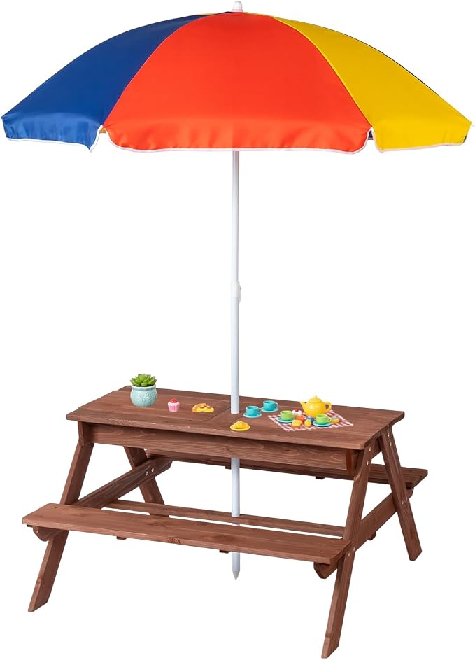 JOYMOR 4-in-1 Kids Picnic Table w/2 Sensory Bins, Cedar Wooden Sand & Water Table with Height Adjustable Umbrella, Wooden Kids Outdoor Picnic Tables for Garden, Backyard, Patio Furniture(Walnut)