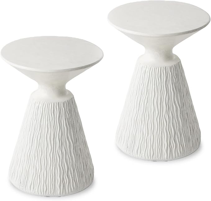 SUNBURY White Outdoor Side Table, Concrete Side Table Set of 2, Mushroom Side Table Plant Stand, End Table Accent Table Outside Marble Table Garden Stool for Patio, Poolside, White