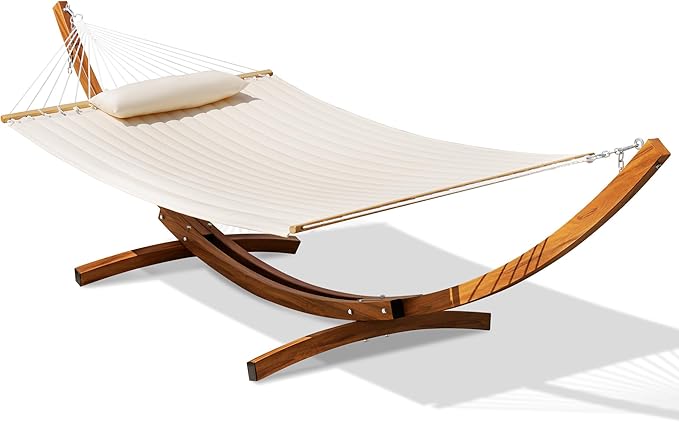 Lazy Daze Hammocks 12 FT Double Quilted Hammock with Wood Grain Curved Steel Stand for Outside, Backyard, Patio, 450 Lbs Capacity, Cream