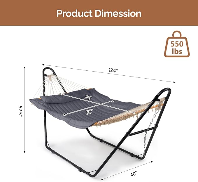 Hammock with Stand, Heavy Duty Double-Barrel Hammock with Soft Pillow, Freestanding Outdoor Hammocks Bed for Outside Backyard, Camping, Garden, Yard, Patio, 550 lbs Weight Capacity (Gray)