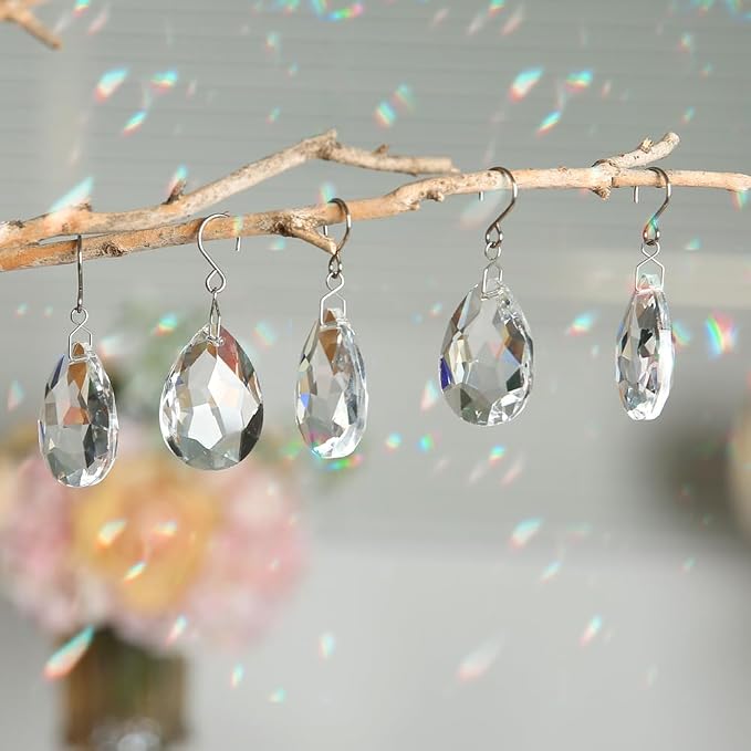 10pcs 38mm Crystal Suncatcher, Hanging Clear Teardrops Crystals | Chandelier Parts Prisms Pendants with Hook for Windows Lamp Christmas Tree Decorations Home Decor