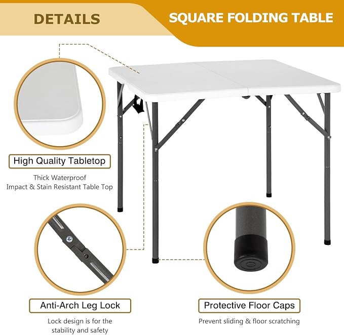34" Folding Card Table, Heavy Duty Plastic Square Table - Portable Fold-in-Half w/Handle & Lock for Camping, BBQ, Party, Events