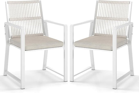 Outdoor Patio Wicker Rattan Dining Chairs, Heavy-Duty Wrought Iron Frame Supports 400lbs, Ergonomic Backrest, Detachable Breathable Cushion, for Garden & Porch, White, Set of 2