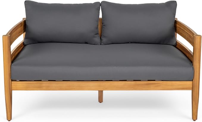 Christopher Knight Home 5-Piece Outdoor Patio Furniture Set, Acacia Wood Conversation Set with 3 Seater Sofa Loveseat Coffee Table and 2 Single Cushions Chairs, Slatted Backyard Seating Set, Dark Gray