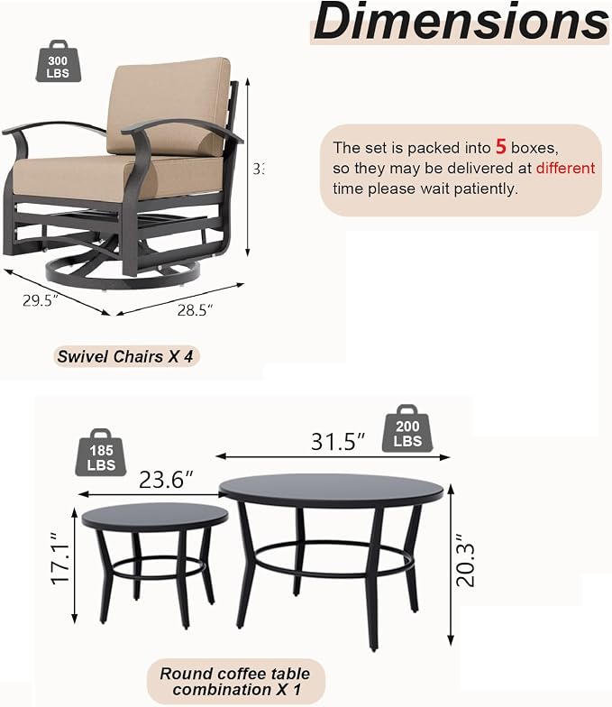 Gotland 6 Piece Patio Set, Aluminum Outdoor Swivel Chairs Set with Round Table 5.1’’ High-Resilience Seat Cushions 29.5" Deep Seating, Metal Patio Furniture Set Patio Conversation Sets, Khaki