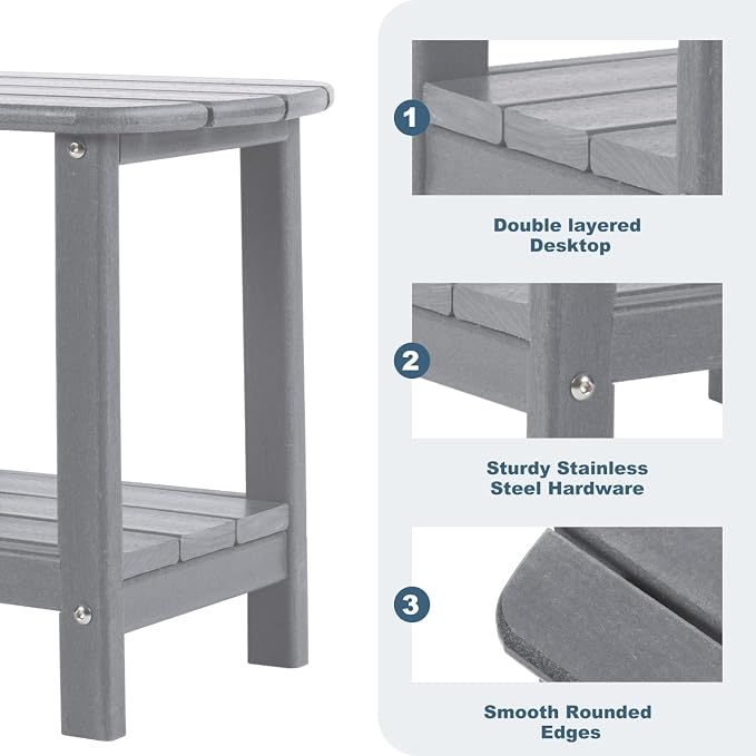 Adirondack Outdoor Side Table, 16.5” HDPE Small Patio Table with Storage Shelf, Weather Resistant End Table for Porch, Pool & Yard (Grey)