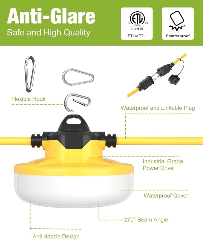 YXL 130W 16000LM Construction String Lights Temp Lighting 100FT Industrial LED Work String Lights, IP65 Waterproof, Super Bright for Construction Sites Temporary Work Jobsites Outdoor Lighting