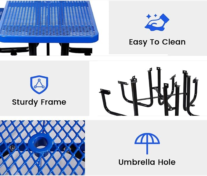 72" Rectangular Metal Picnic Table for 4-8 Person, Durable Heavy Duty Commercial Picnic Table with Umbrella Hole for Outdoor Coffee Shop, School, Hospital, Easy to Install, Blue