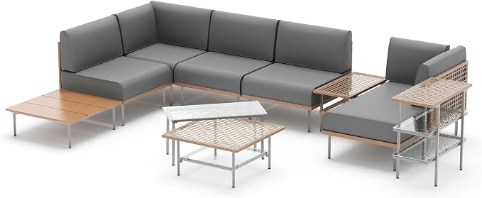 LAUSAINT HOME Outdoor Patio Furniture Set, 10-Piece Wicker Outdoor Conversation Set PE Rattan Sectional Sofa with Washable Cushions and Tempered Glass Table for Garden (Grey)