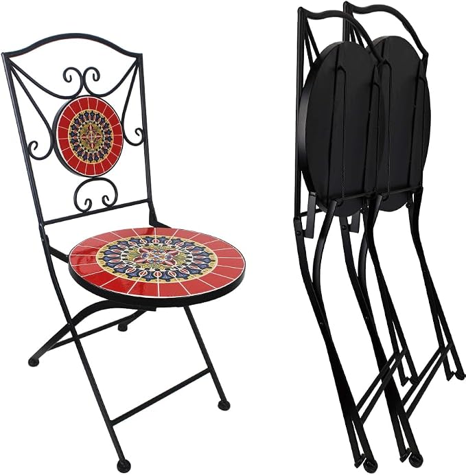 3 Piece Bistro Sets Mosaic Tile Round Table Folding Chairs Garden | Set of 3 Patio Furniture 23.6" Table and 2 Chairs Outdoor Bistro Chairs Artistic Table for Balcony Porch Apartment Backyard