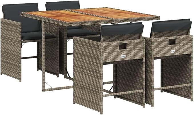 5-Piece Patio Dining Set with Gray PE Rattan Furniture, Acacia Wood Table and Removable Cushions for Outdoor Garden Backyard Balcony