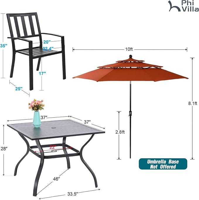 PHI VILLA 5 Pcs Outdoor Dining Set with 10ft Umbrella | 37" Square Metal Dining Table & 4 Stacking Metal Chair with 3 Tier Red Umbrella for Patio, Deck, Yard, Porch