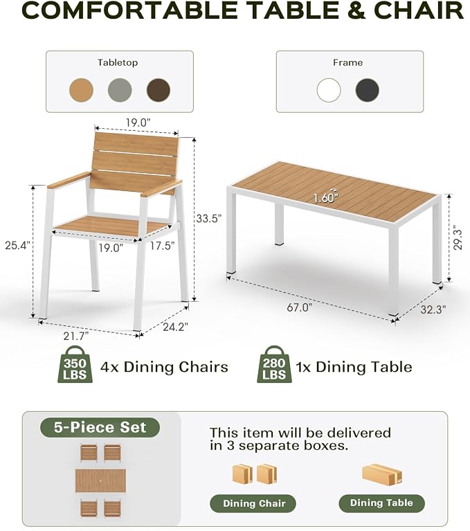 Vexwalx 5-Piece Outdoor Dining Set, Aluminum Dining Table Set for 4, Patio Table and Chairs Set with Umbrella Hole, All Weather HDPS Outdoor Table and Chairs for 4 (White-Teak)