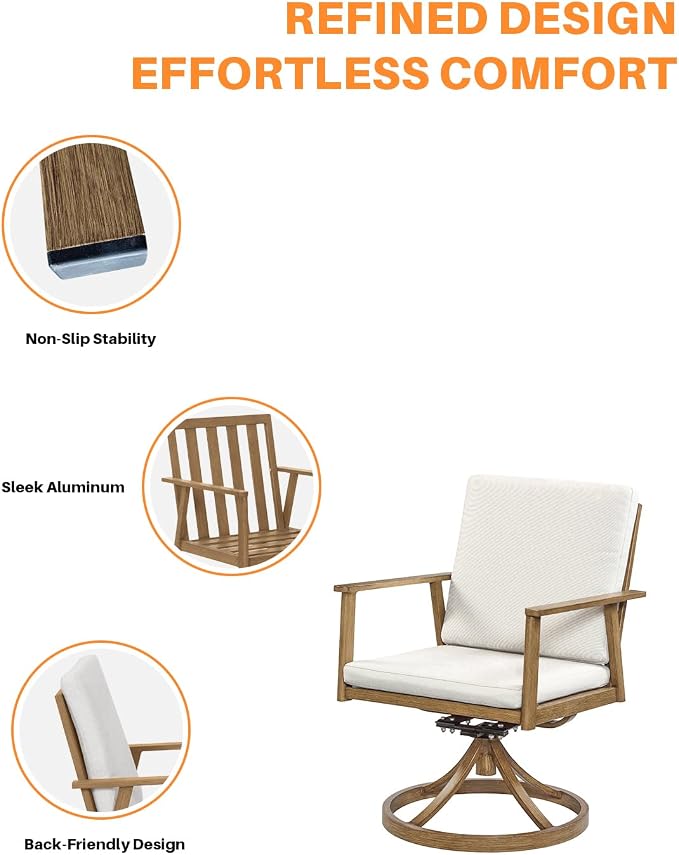 Outdoor Swivel Patio Dining Chair Set of 2, Never-Rust Outdoor Aluminum Patio Swivel Chairs with Cushions, Patio Dining Furniture Chairs Set for Garden, Backyard, Porch, Lawn, Teak