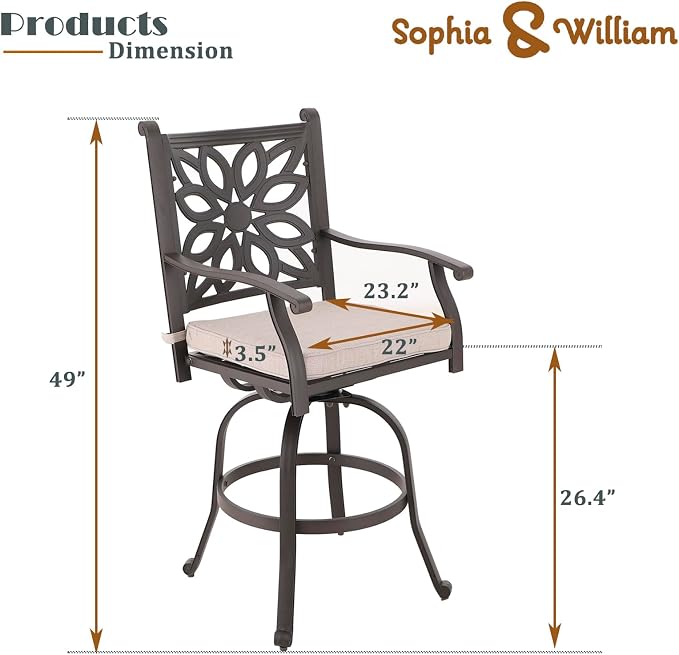 Sophia & William 3 Pieces Cast Aluminum Patio Bar Set, Square Outdoor Bar Table and 2 Swivel Bar Counter Height Chairs Set, Modern Patio Pub Bistro Set with Outdoor Stools