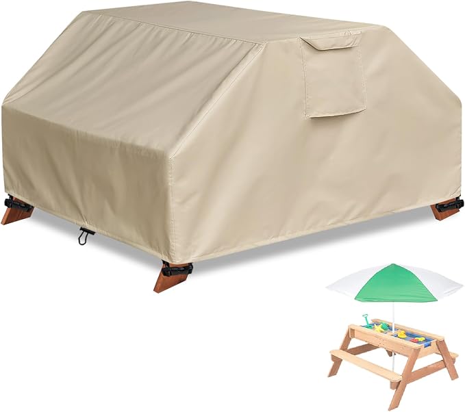 Kids Picnic Table Cover Waterproof for Sand & Water Activity Table, Weatherproof and UV-Resistant Material for All-Season Protection, Toddler Patio Wooden Table Cover (Khaki)