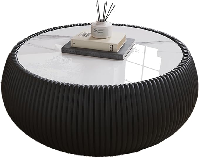 27.55" Round Coffee Table with Marble Top PU Leather Coffee Table Fluted Drum Center Tables Circle Cocktail Tea Table for Living Room Apartment No Assembly Black