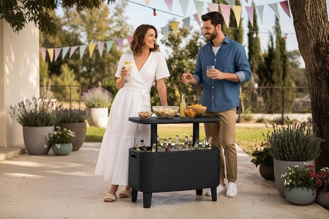 Bevy Bar 2-in-1 Pop-Up Table and Cooler, Rattan Style, Graphite Gray, 32.8" x 15.9" x 20.4
