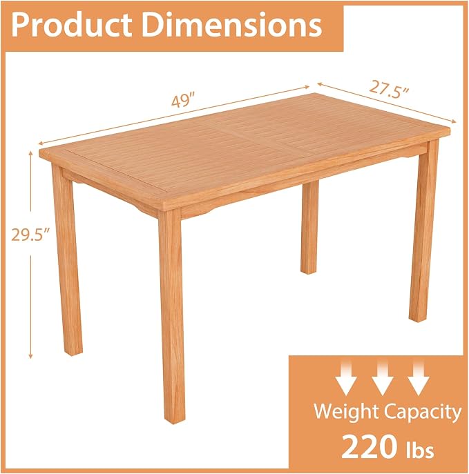 Giantex Patio Rectangle Dining Table, 49” x 27.5” Indonesian Teak Wood Outdoor Table with Spacious Slatted Tabletop for 6 Person, Indoor Outdoor Dining Table for Backyard, Poolside, Front Porch