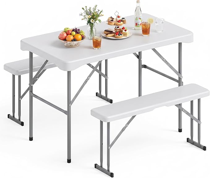 Giantex Folding Picnic Table Set w/ 2 Benches, 44" HDPE, White | Foldable Table & Chairs, All Weather Resistant, Space-Saving & Portable for Camping Party Dining BBQ, Large Weight Capacity