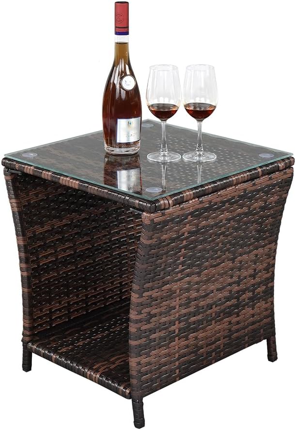 Outdoor Wicker Side Table, 18.1" Square End Table with Tempered Glass Top & Storage Shelf, Resin Wicker Coffee Table for Patio, Porch, Backyard, Balcony,Brown
