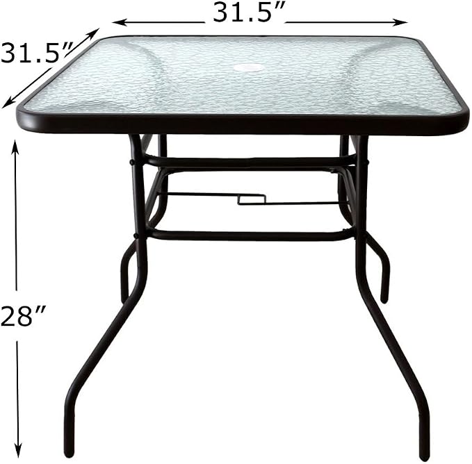 AOODA 31.5" Square Patio Dining Table with Tempered Glass Top and Steel Base, Fits Most Umbrellas, 4-Seater, Modern Style, Clear Glass & Steel, 31.5" x 31.5" x 28"