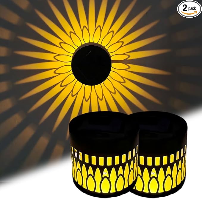 Decorative Solar Mandala Lights, Metal Solar Powered Outdoor Wall Lights Solar Powered Deck Step Stair Light, Waterproof Mandalas Fence Light for Garden Yard Backyard Post Patio Decor (2, Sunflower)