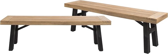70.5'' Outdoor Patio Dining Table & 2 Bench for 4, Acacia Wood Farmhouse Dining Table Set Outdoor & Indoor Furniture for Patio Porch Garden, H-Shaped Base, 3-Pcs, Light Brown