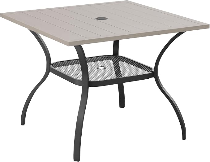 DIFY Outdoor Dining Table, Patio Square Metal Dining Table with 1.57" Umbrella Hole for 4 Person, Ideal for Poolside, Deck, Garden and Balcony, Grey Wood-Like