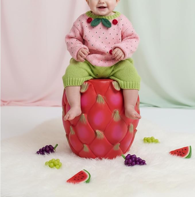 Realistic Fruit Stool, Small Resin Footrest Side Table, Indoor/Outdoor Decorative Plant Seat for Garden, Patio, Playroom, Kids' Room, Weather-Resistant (Dragon Fruit)