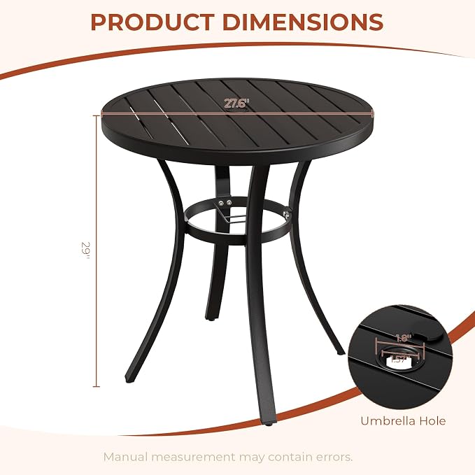 TLSUNNY 3 Piece Patio Dining Set for 2, Outdoor Table and Chairs W/1.57"-1.8" Adjustable Umbrella Hole & Foot Pads, 27.6" Round Metal Table and Patio 360° Swivel Chair, Rocking not Included (Grey)